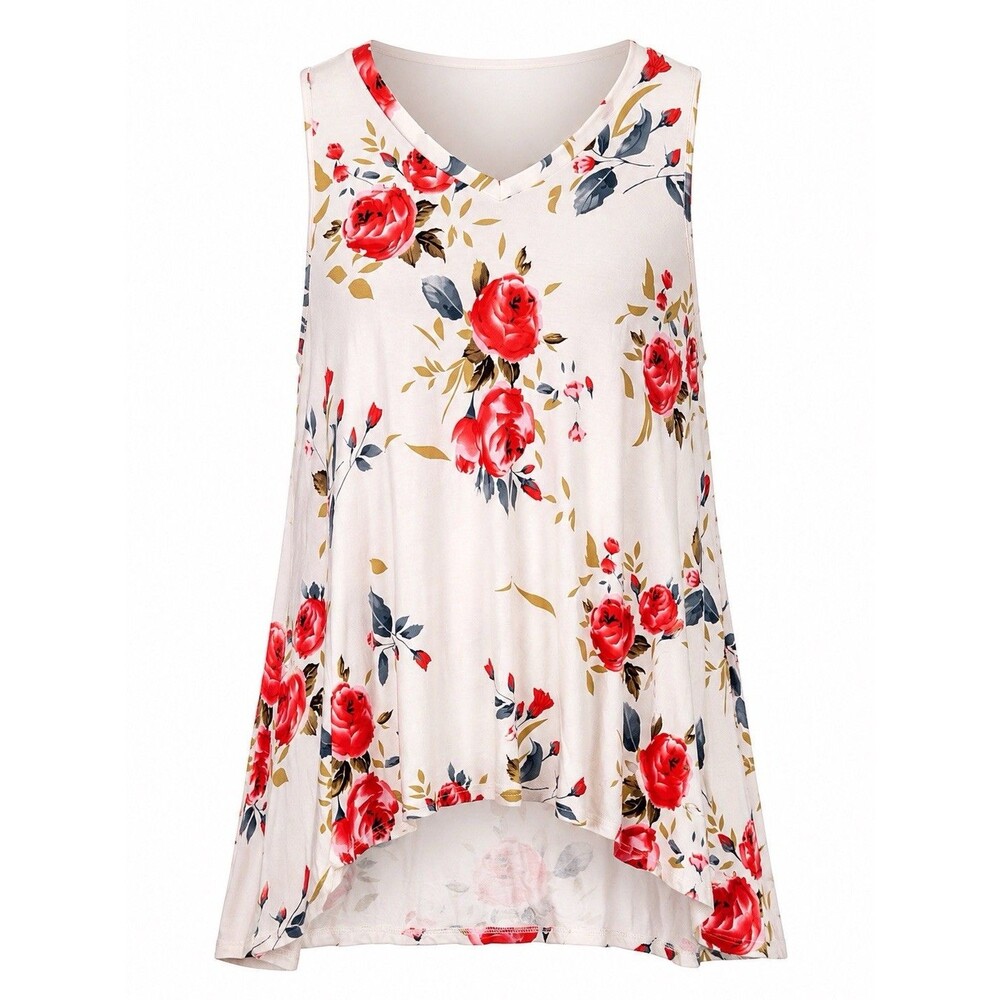 Women’s Floral Swing Tunic POPYOUNG Sleeveless V Neck Rose Print 4XL